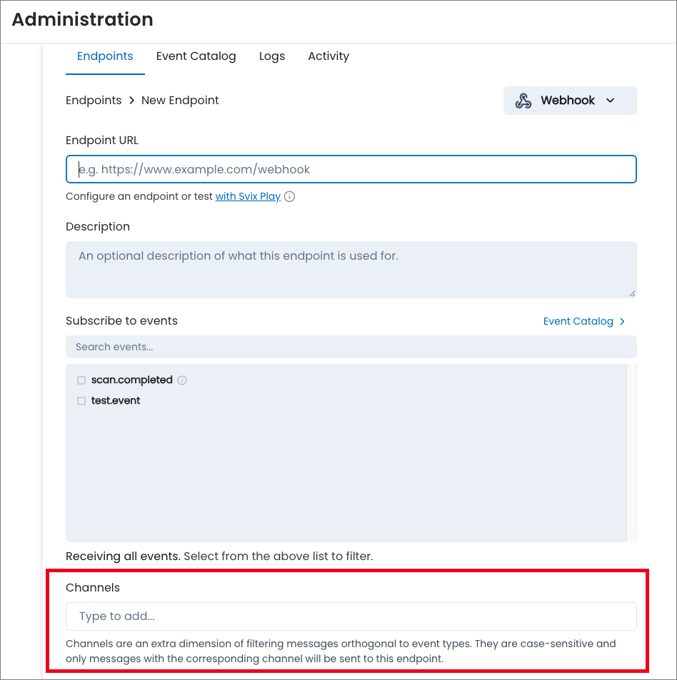 New channels field in the Webhooks section of Administration