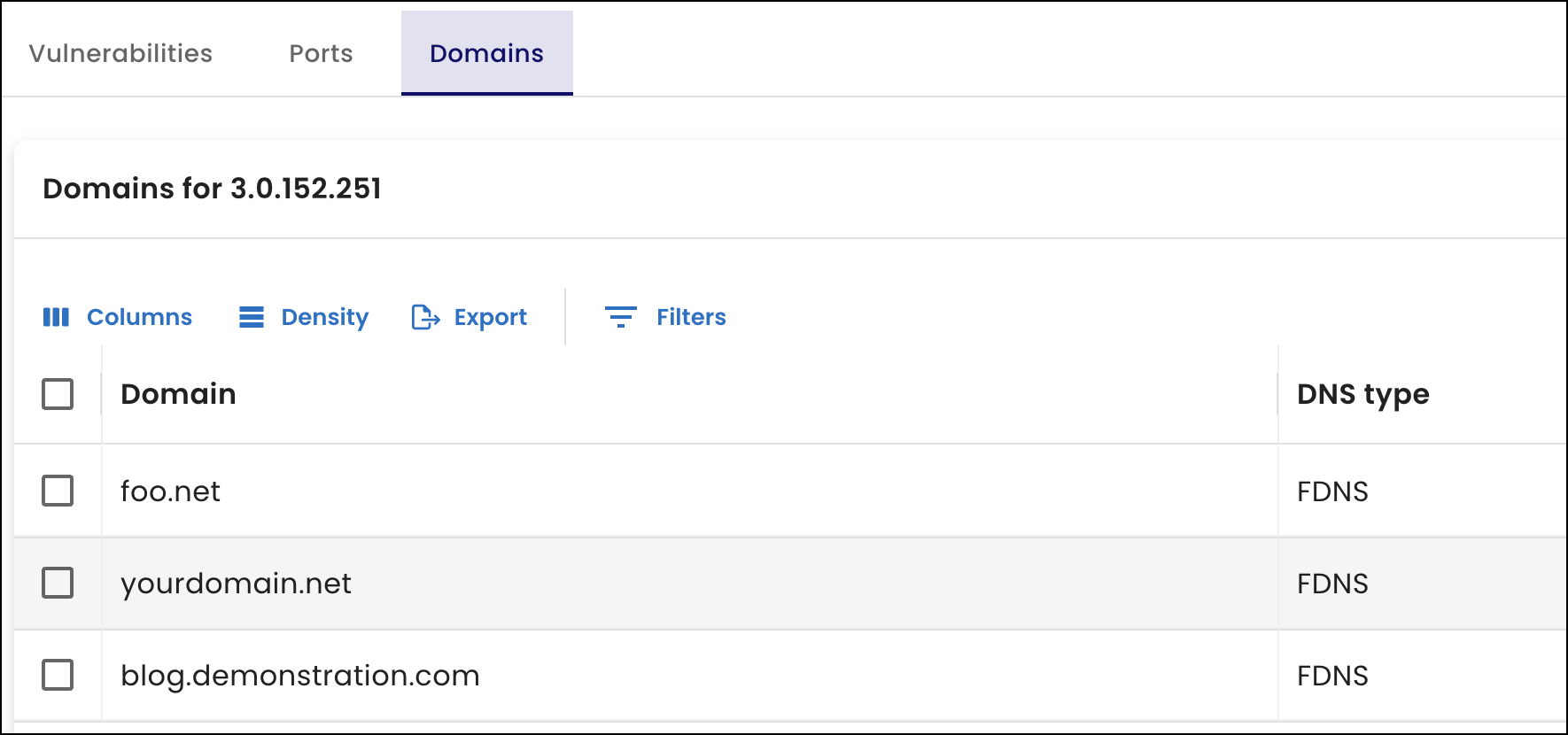 New Domains tab on IP address details page