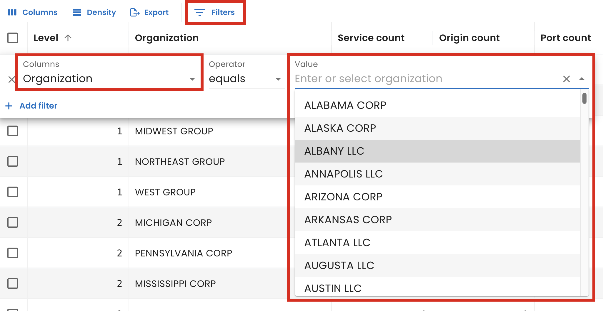 Organization filter