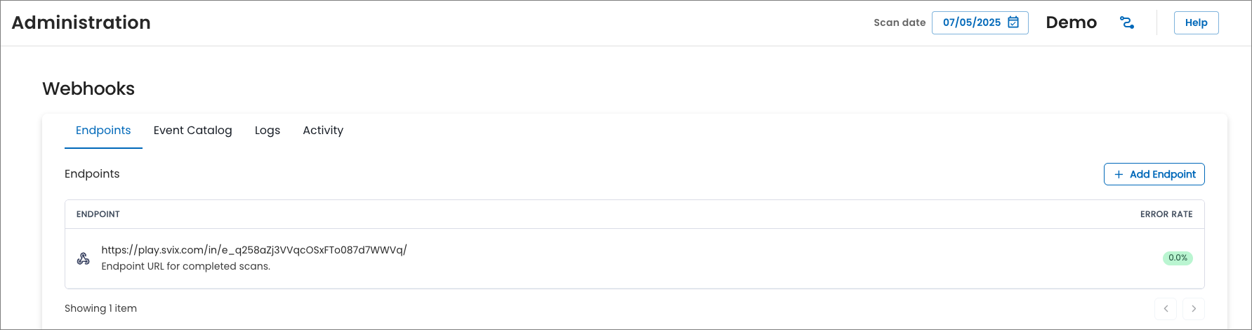Endpoints tab in the Webhooks section of Administration