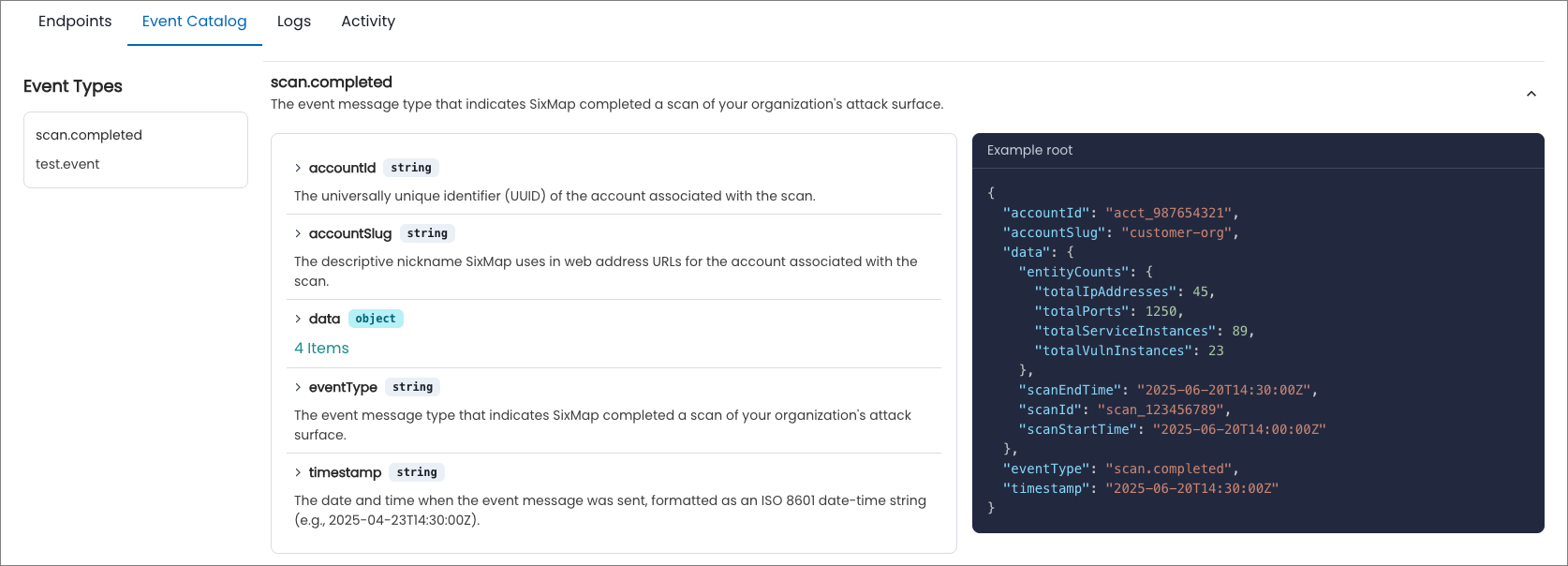 Event catalog tab in the Webhooks section of Administration