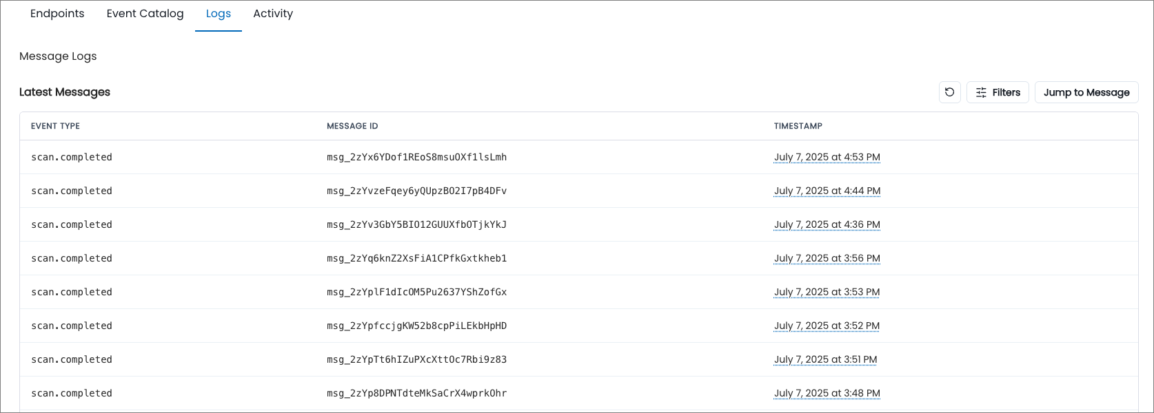 Logs tab in the Webhooks section of Administration